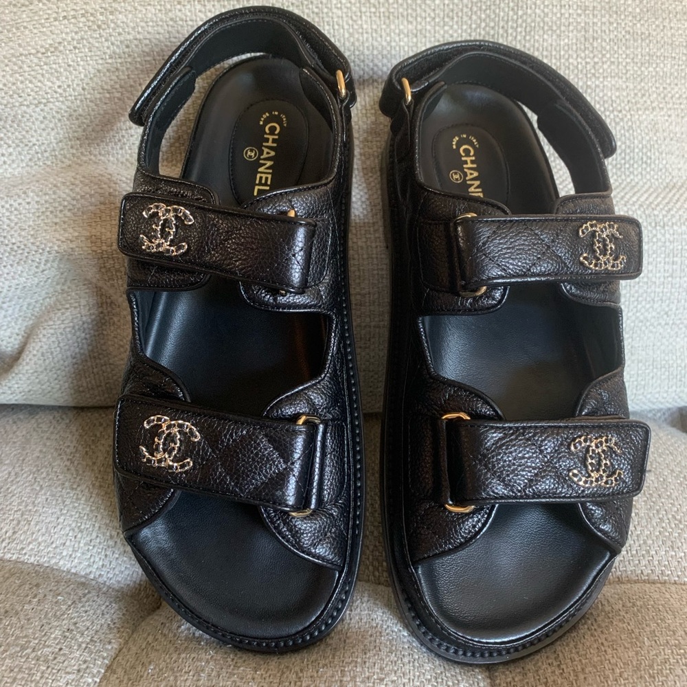 Chanel Dad Sandals Black Caviar Dad Sandal GoldCC Logo Mule Slide Flat size37.5 - Picture 4 of 10